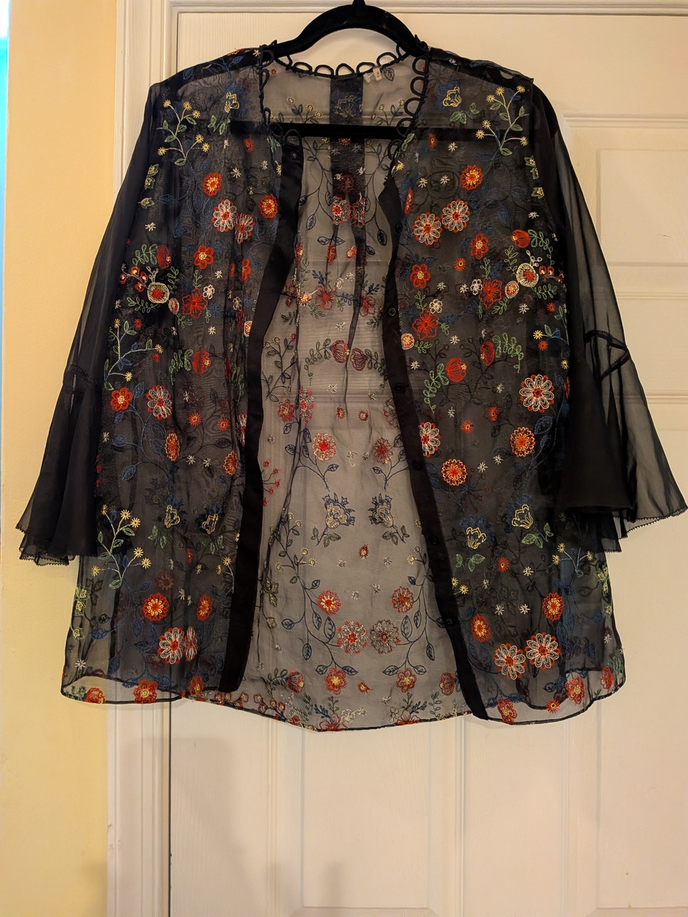 Embroidered Sheer Floral Overlay Blouse Black
